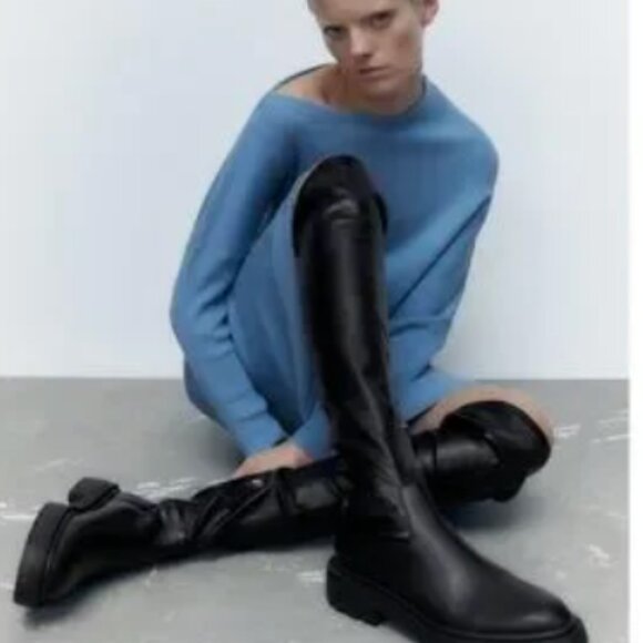 Size 9 Zara Tall Over the Knee Flat Stretch Faux Leather Boots - Picture 4 of 6